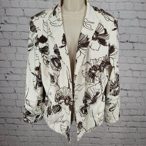 VTG Austin Reed Ivory Brown Cotton Stretch Floral Open Lined Jacket Size 14W